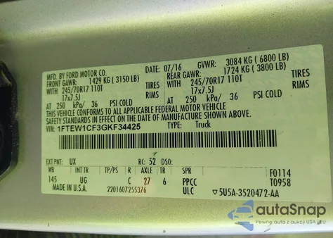 2016 Ford F-150 Xlt z USA, uszkodzony, nr VIN 1FTEW1CF3GKF34425